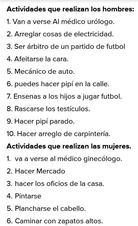 actividades que solo hacen los hombres|10 actividades que pueden realizar hombres y mujeres